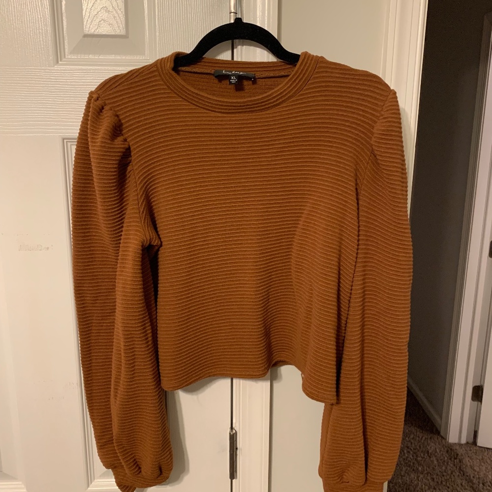 Subtle Drama Rust Brown Ribbed Balloon Sleeve Sweater Top